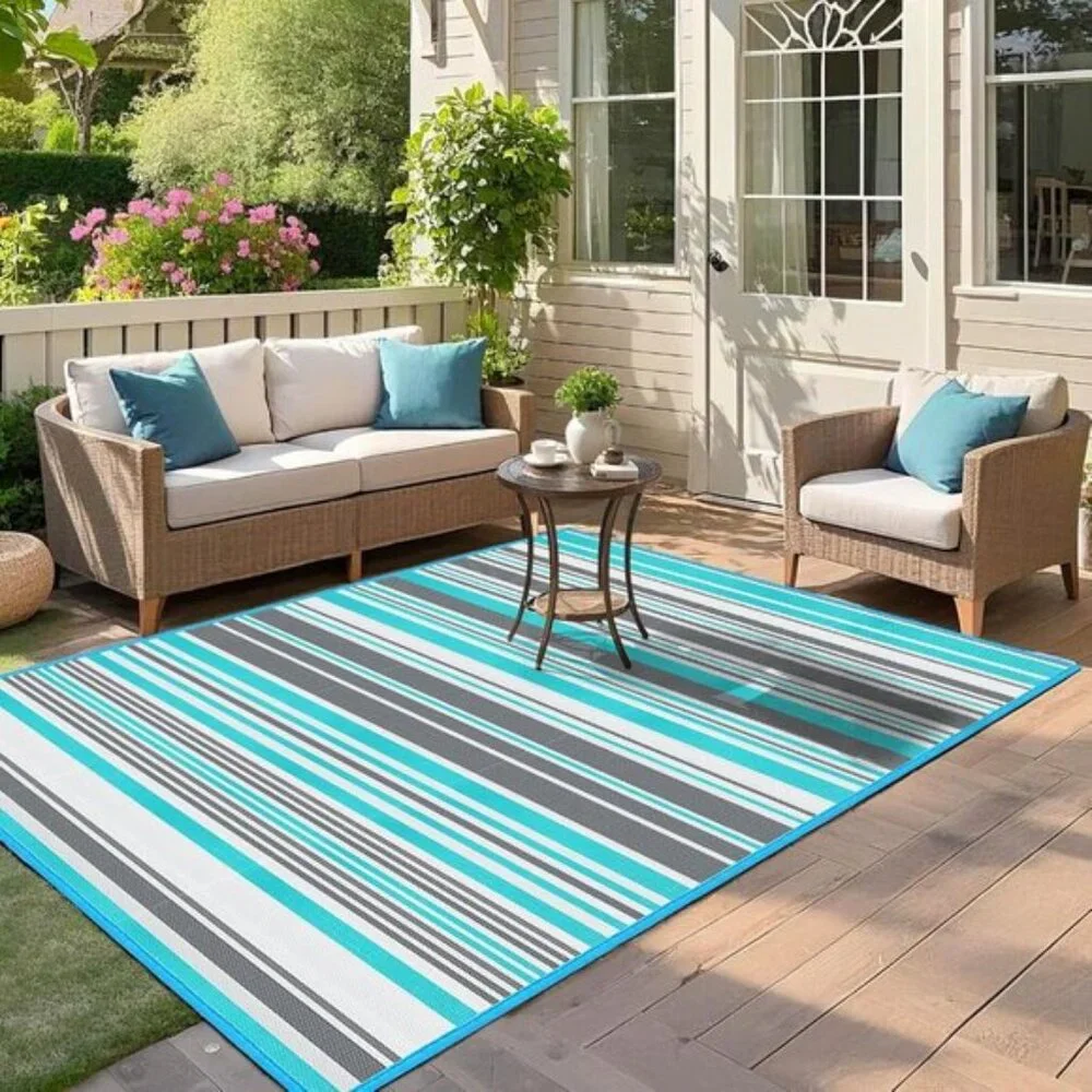 New 4x6 Outdoor Patio Rug, Waterproof Blue & Grey Plastic Carpet for Porch, Deck